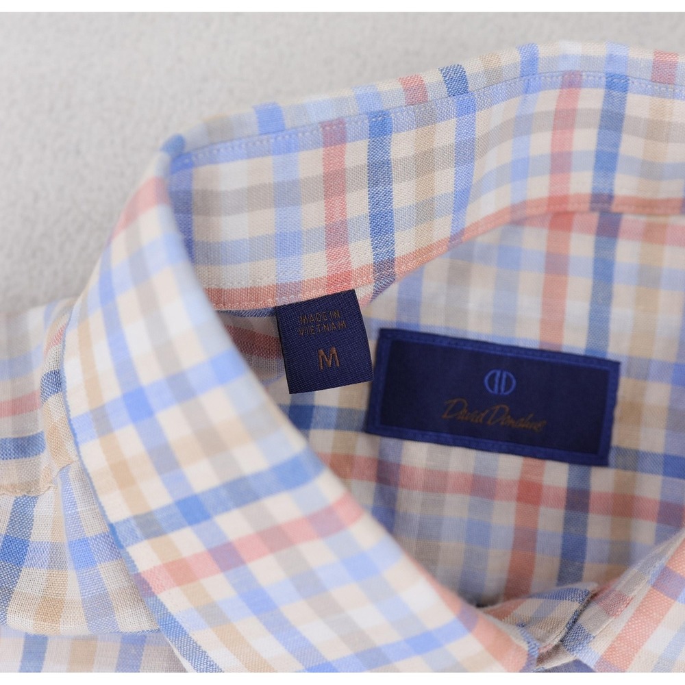 David Donahue Shirt Mens Medium Blue Pink Tan Plaid Short Sleeve Linen Blend - Picture 6 of 12